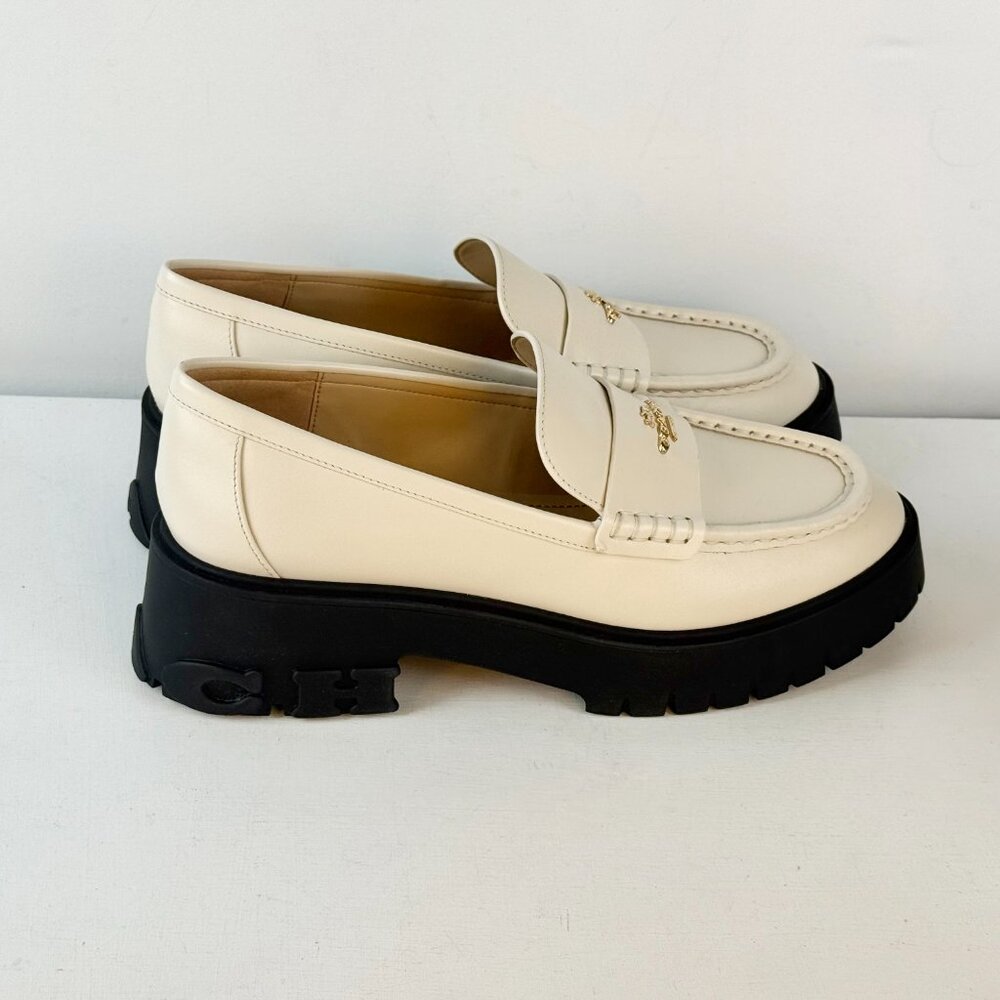 Women's 8.5 -COACH Ruthie Platform Loafer Chalk Leather Slip on with Logo Accent - Picture 2 of 14